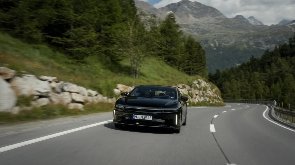Lucid Air Grand Touring driving through the Alps during 1,205 km world record journey